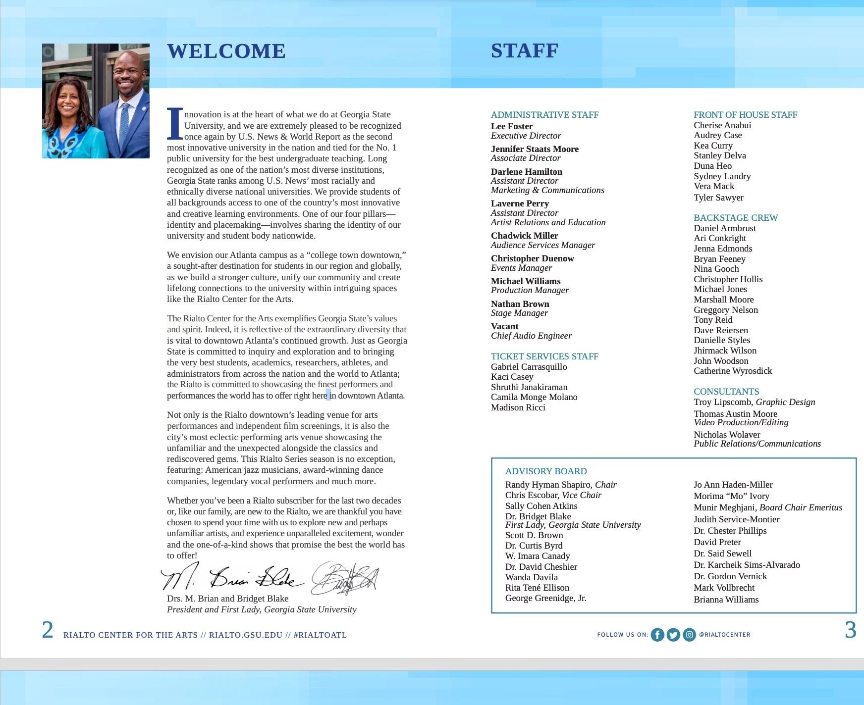 Writing Sample: Welcome Letter from GSU President and First Lady for Program Books
