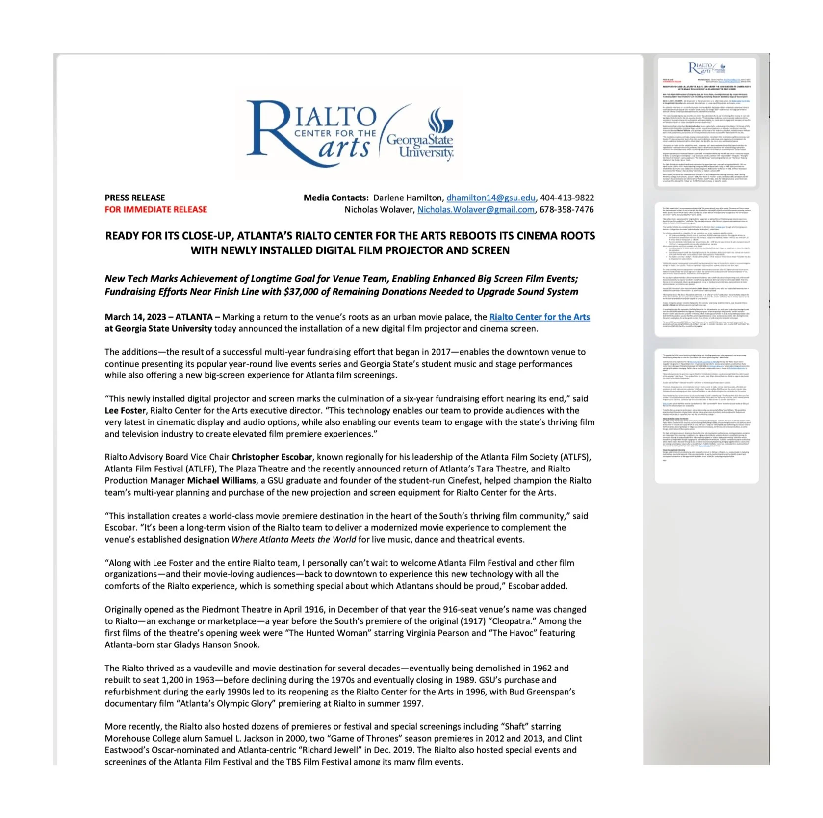 Press Release announcing new film projector and Screen at the Rialto Center - March 2023 