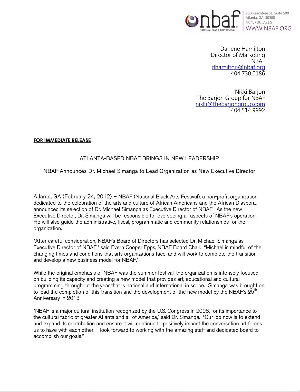 Press Release Announcing New Executive Director at NBAF