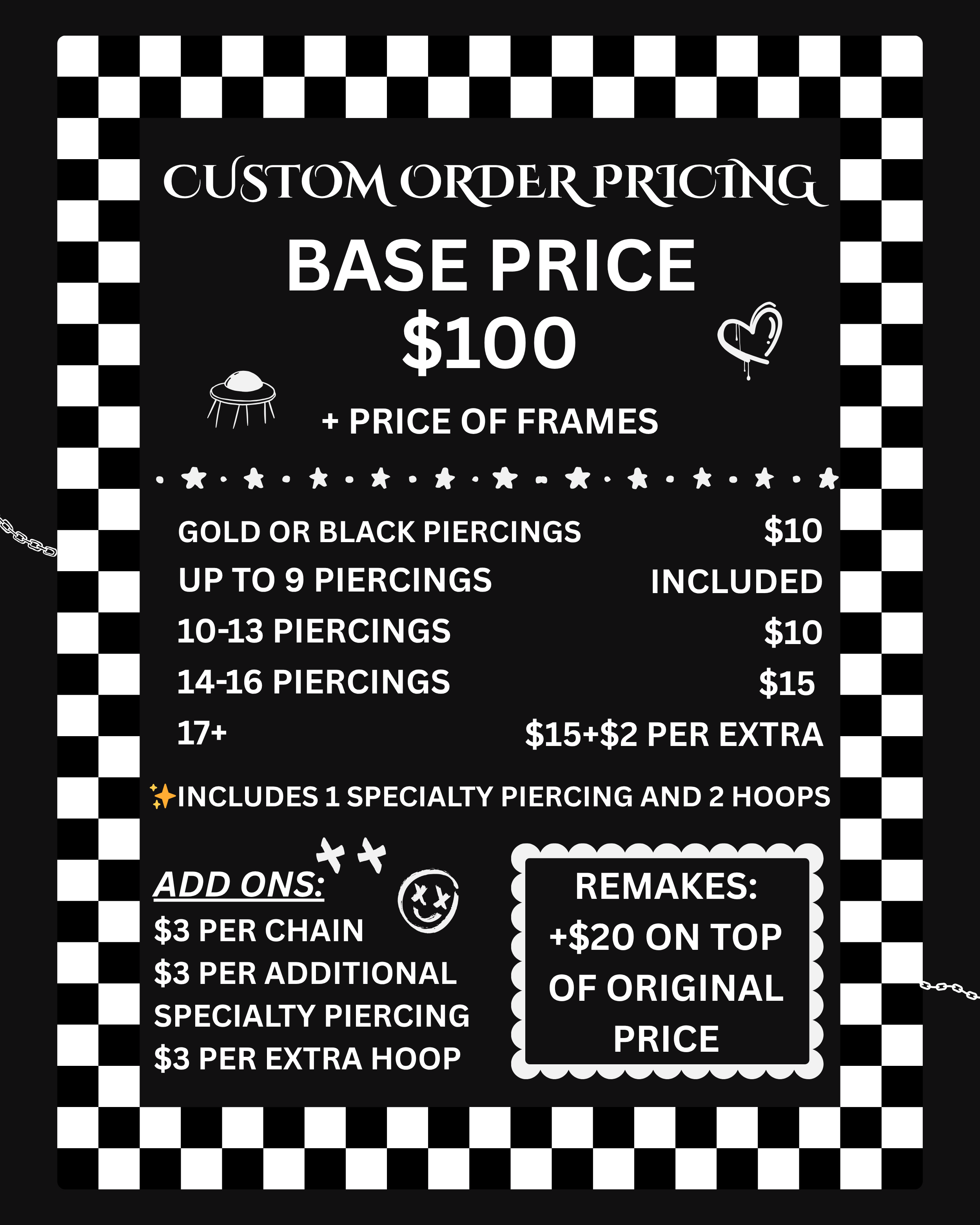 Pricing menu for custom jewelry with a base price of $100, various piercing options and add-ons, surrounded by a black and white checkered border.