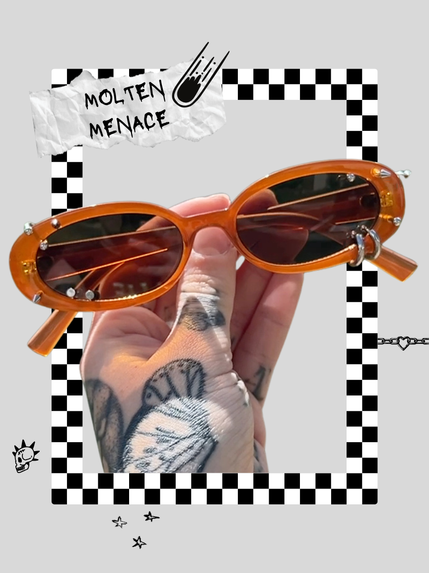 A hand with tattoos holding a pair of orange sunglasses with black lenses, against a background with a black and white checkered border and graphic elements, including a sign that says 'Molten Menace' with a fiery comet, and small doodles like a skull and stars.
