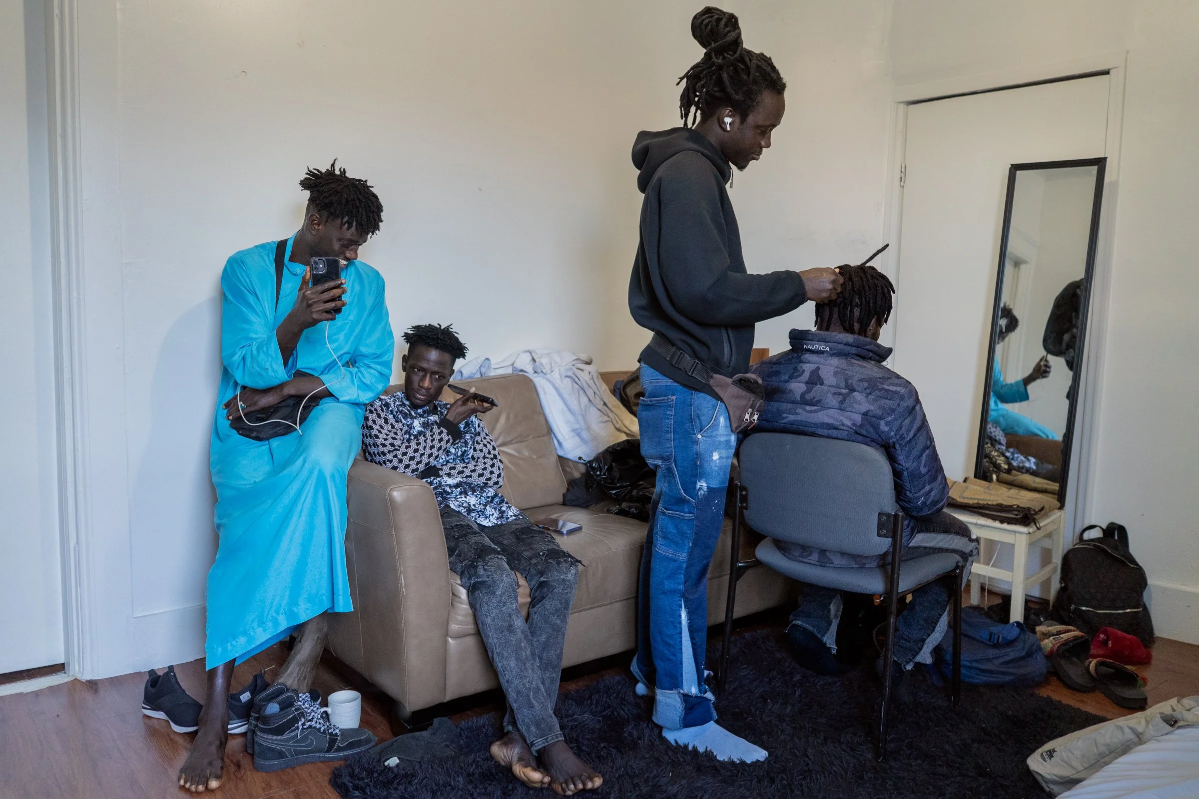 Bronx, February, 2025 — Baye Falls from the corner. After leaving the shelter, they moved in with other members of Jouwine Baye Bass’s Dahira, sharing an apartment in the Bronx.