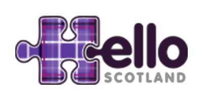 Logotyp med pusselbitar med skotsk tartansmönster och ordet 'hello' samt 'SCOTLAND'.