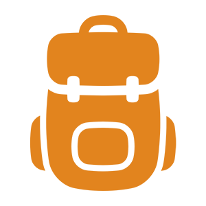 En orange ryggsäck med handtag på toppen och flera fickor.