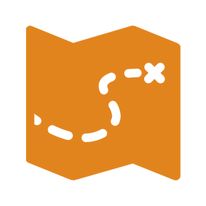 En karta med en streckad rutt och ett X-märke.