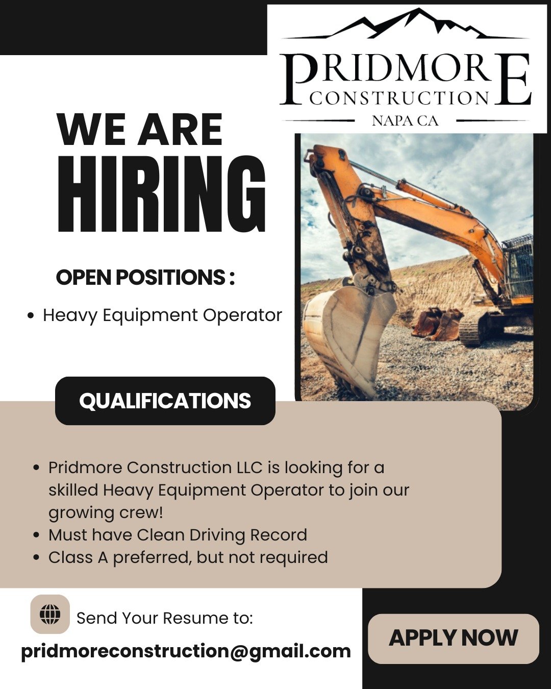 🚧 Join Our Team! 🚧

Pridmore Construction LLC is looking for a skilled Heavy Equipment Operator to join our growing crew!

&bull; Competitive pay
&bull; Benefits package available after probationary period
&bull; Opportunity to work on exciting pro