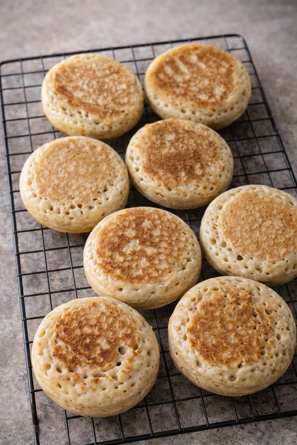 8 golden brown sourdough crumpets on a cooling rack