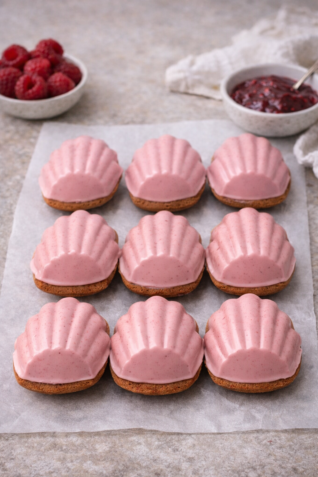 Styled shoot of raspberry madeleines that have been dipped into a raspberry white chocolate shell