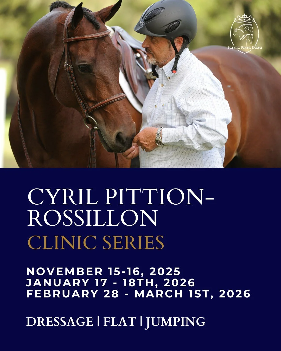 We&rsquo;re excited to welcome @cyrilpittionrossillon back to Scenic River Farms for a three-part clinic series this winter! Don&rsquo;t miss the opportunity to ride with this exceptional clinician whose classical foundation and thoughtful approach m