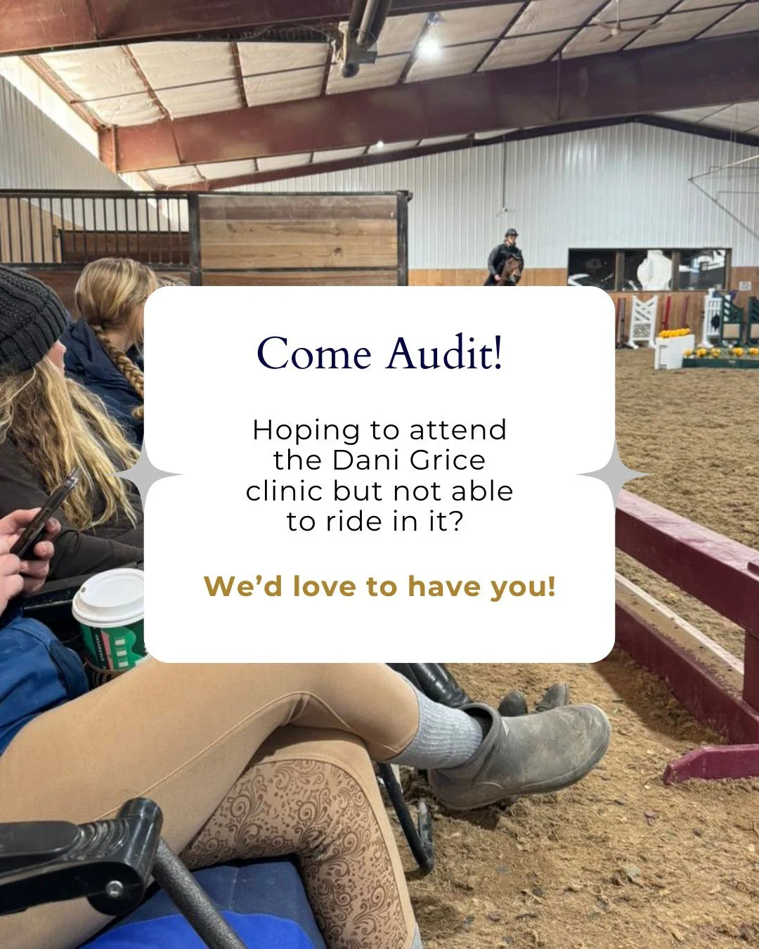 Come audit the Dani Grice clinic this weekend!

Auditing is just $25/day and includes lunch, making it the perfect opportunity to pick up new tools, watch thoughtful instruction, and learn from a Grand Prix  and top hunter rider.

Let us know you're 