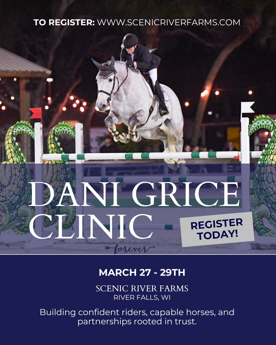 We&rsquo;re looking forward to welcoming Dani Grice to Scenic River the end of this month! 

Born and raised in Minnesota, Dani is now a hunter/jumper professional producing riders and horses from crossrails to the Grand Prix ring. Her focus is on bu