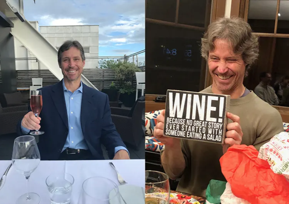 Two men smiling, one in a suit with a glass of wine on an outdoor terrace, and another holding a wine-themed sign indoors, humorously referencing the origin of great stories.