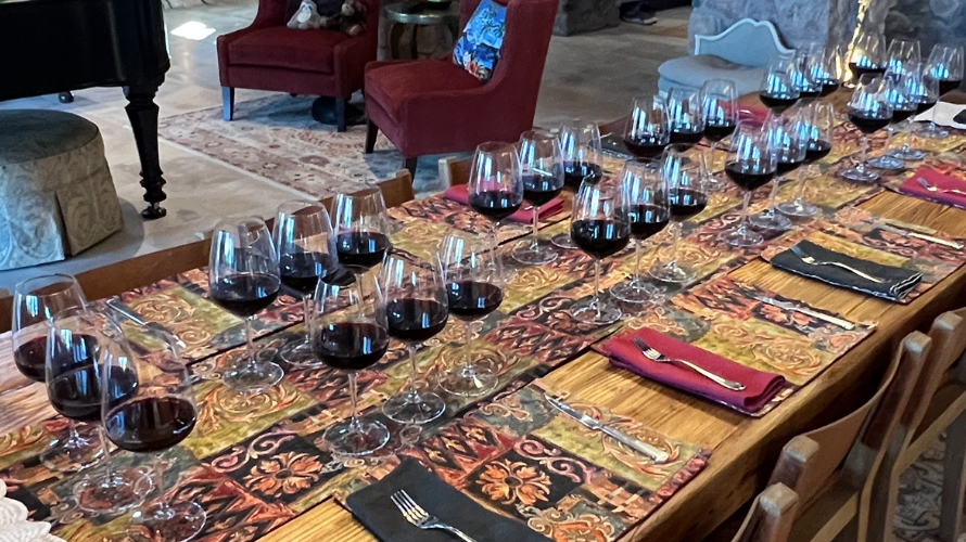 A long wooden dining table set with multiple wine glasses, each filled with red wine. Incentivizes a dinner gathering and good times.