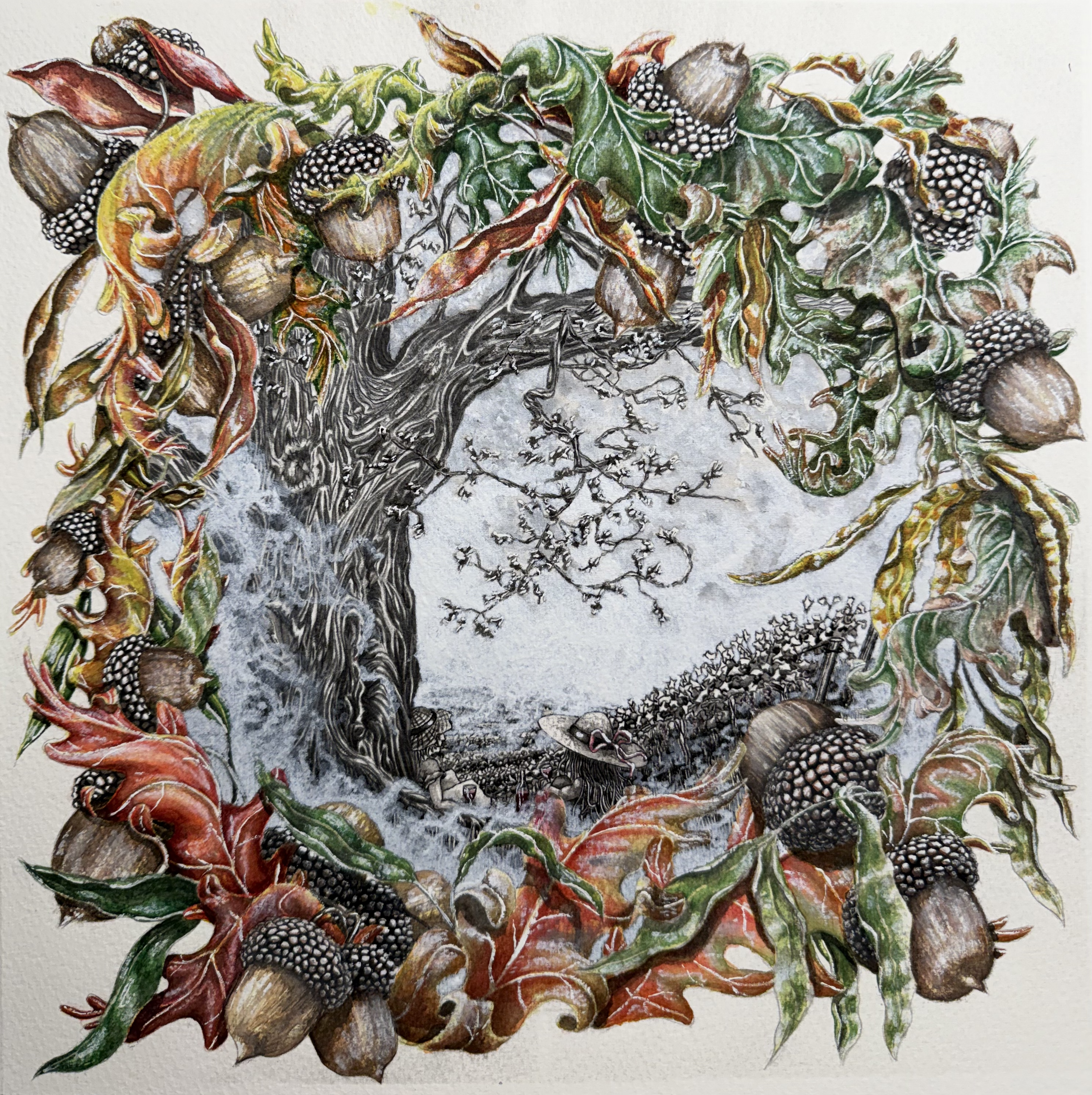 A detailed watercolor painting of a circular arrangement of autumn leaves, acorns, and a wine picnic on a vineyard background.