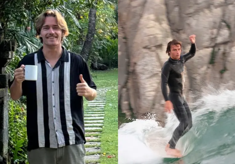 A split image shows a man on the left holding a coffee mug and giving a thumbs up in a lush garden with green foliage, and on the right a different man wearing a wetsuit surfing near rocky cliffs and water.
