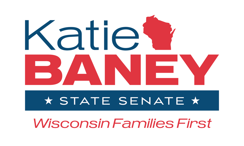 Campaign logo for Katie Baney, State Senate candidate, featuring a red shape of Wisconsin, her name in large blue and red text, and the slogan 'Wisconsin Families First' in red.