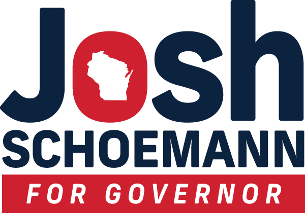Campaign logo for Josh Schoemann for governor featuring the state of Wisconsin inside the letter 'O' in red, with text in black and red.