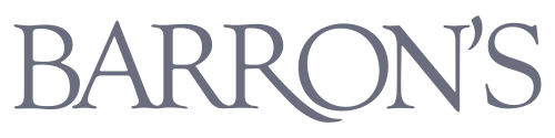 Close-up of the text 'BARRON'S' in purple font on a black background.
