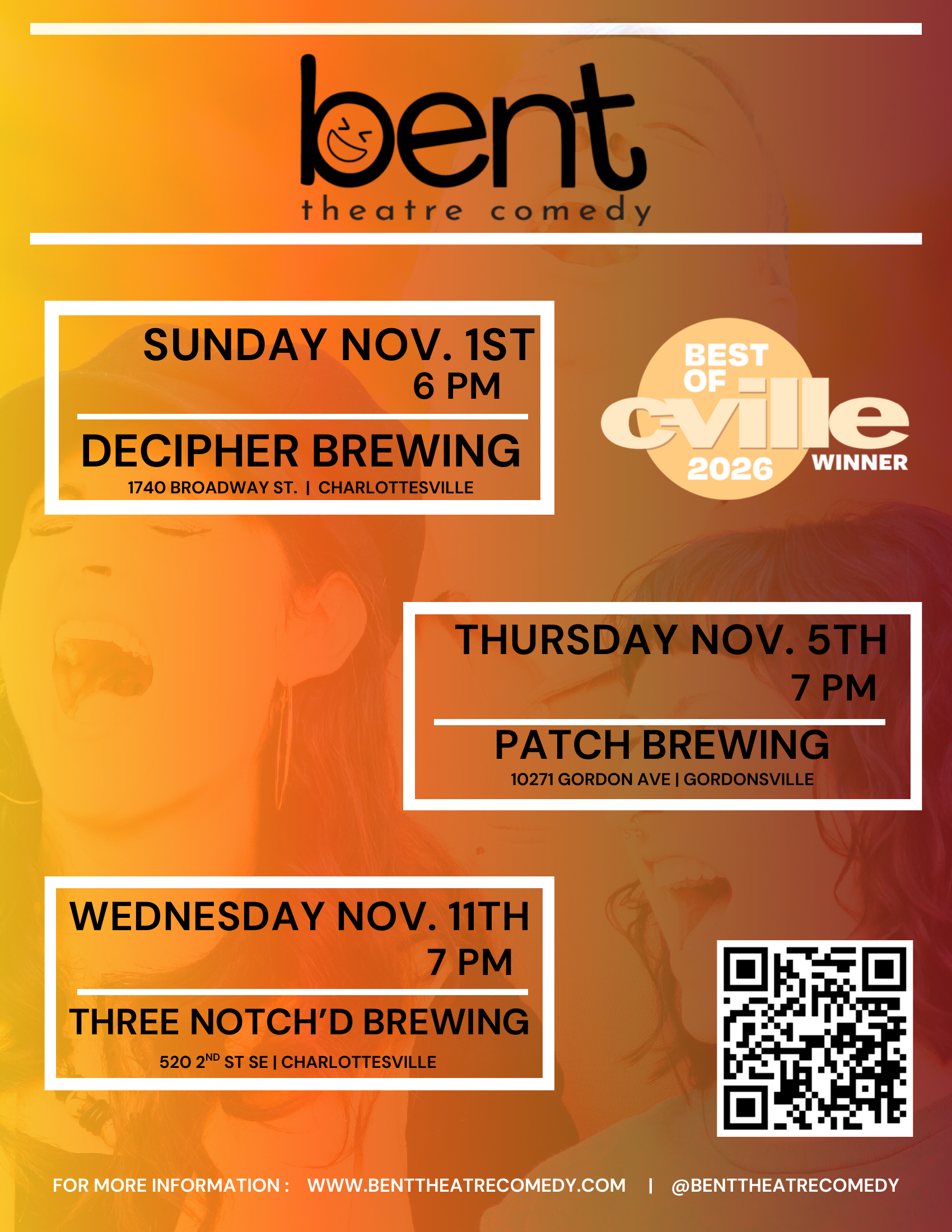 Bent Theatre November 2026 improv shows: Decipher Brewing Nov 1, Patch Brewing Gordonsville Nov 5, Three Notch'd Brewing Nov 11