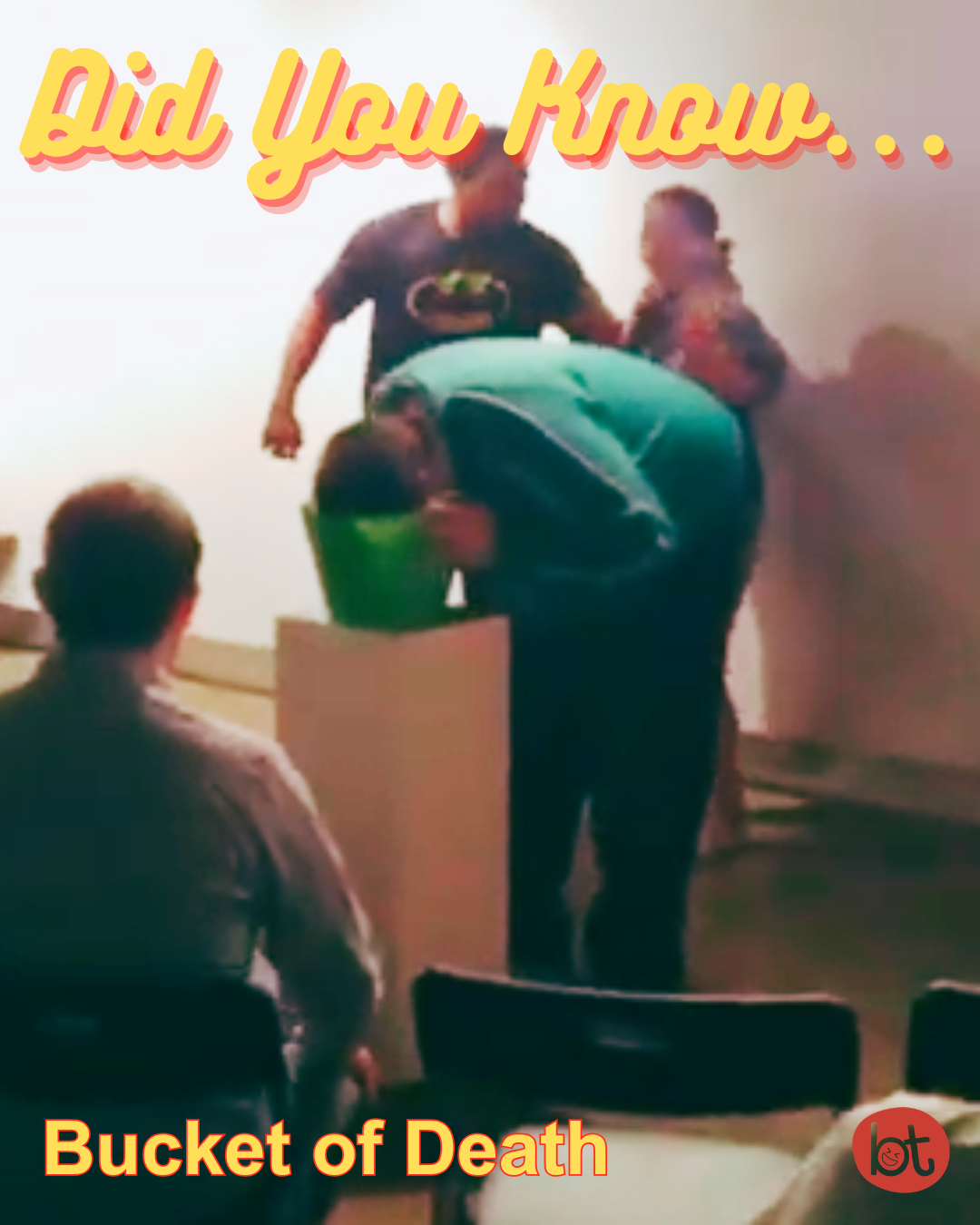 Bent Theatre actor with his head in a green bucket of water mid-scene during the improv game Bucket of Death