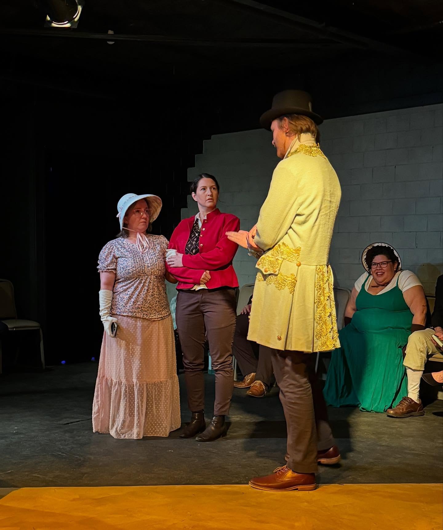 Four people in period costumes Improv class Charlottesville comedy Decipher Potter's fun date night Bent Theatre Parody show Four County Theatre