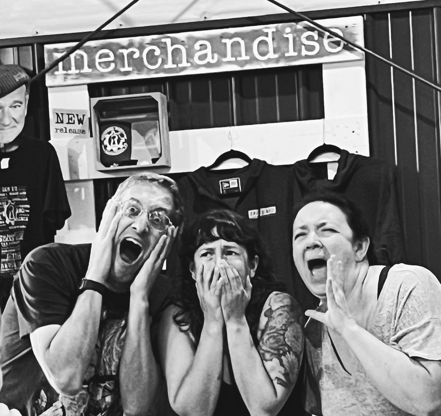 Three people expressing surprise and shock, Improv class Charlottesville comedy Decipher Potter's fun date night Bent Theatre