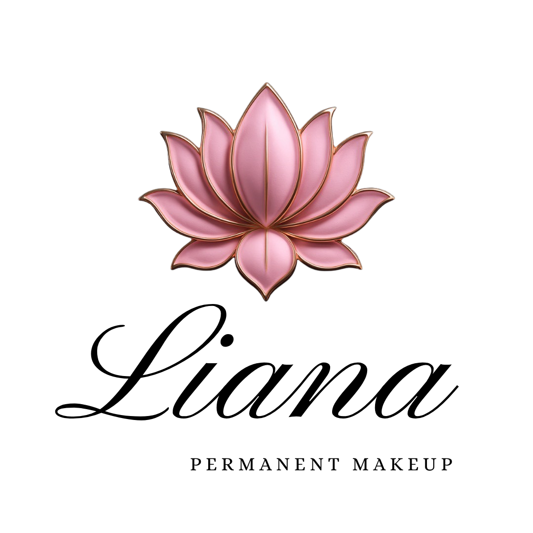 Pink lotus flower logo with gold outline and the text 'Liana' in elegant script font and 'PERMANENT MAKEUP' in smaller uppercase letters.