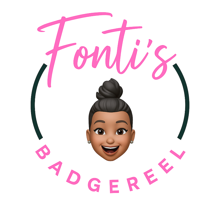 Fonti's Badgereel logo featuring a smiling cartoon avatar of a woman with a top bun, surrounded by pink and black curved text – custom badge reels and personalized accessories brand.