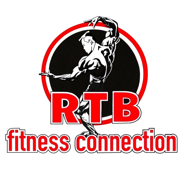 RTB Fitness Connection logo featuring a muscular male bodybuilder posing inside a red and black circular emblem – strength training and personal fitness branding.