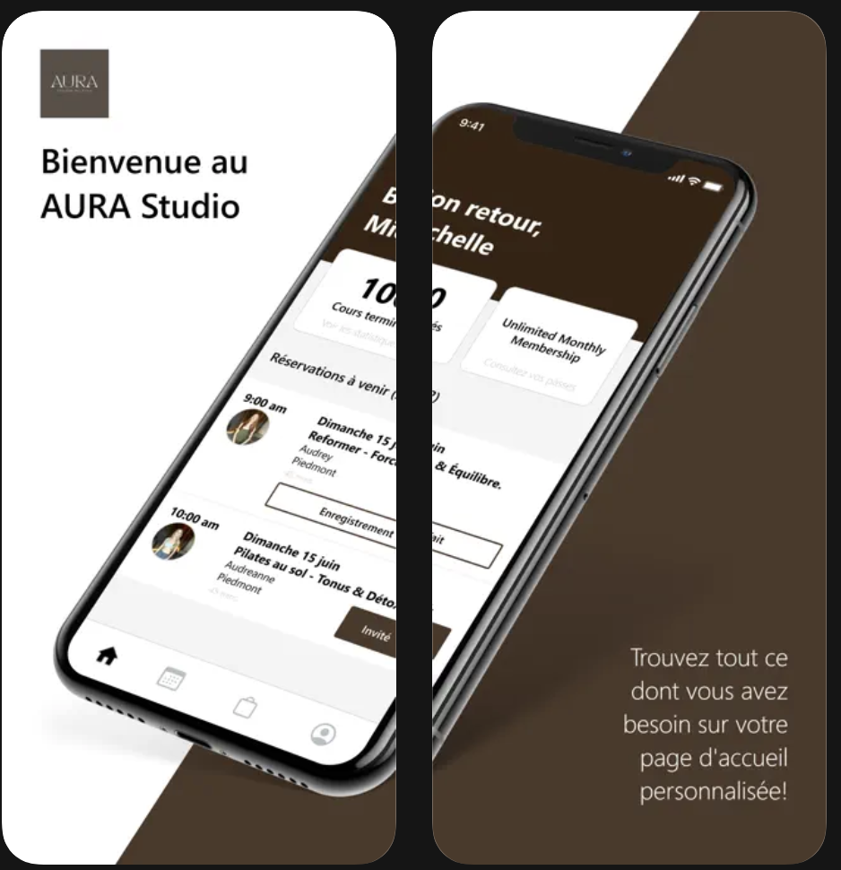 Une application mobile pour AURA Studio montrant un calendrier de réservations et d'informations sur les cours de pilates reformer, pilates au sol et cours de barre fitness, à Piedmont, Laurentides. AURA STUDIO