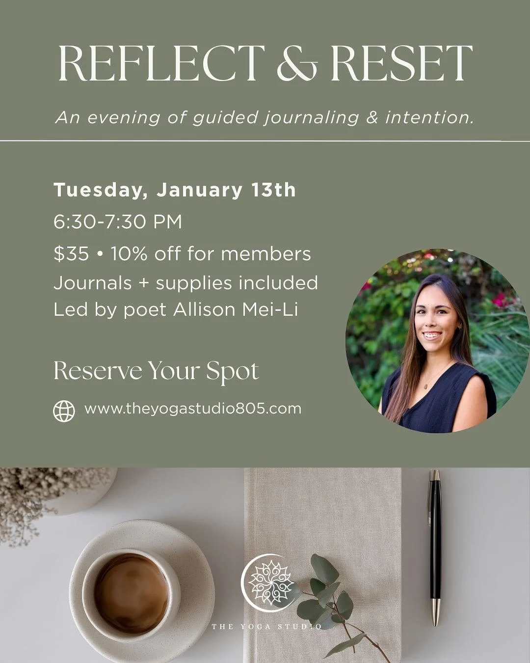 An evening of guided journaling and intention.

Join us for a gentle evening to pause, reflect, and reset as the year unfolds. We&rsquo;ll begin with a poetic meditation, move into guided journaling, and close with tea and connection.

No resolutions