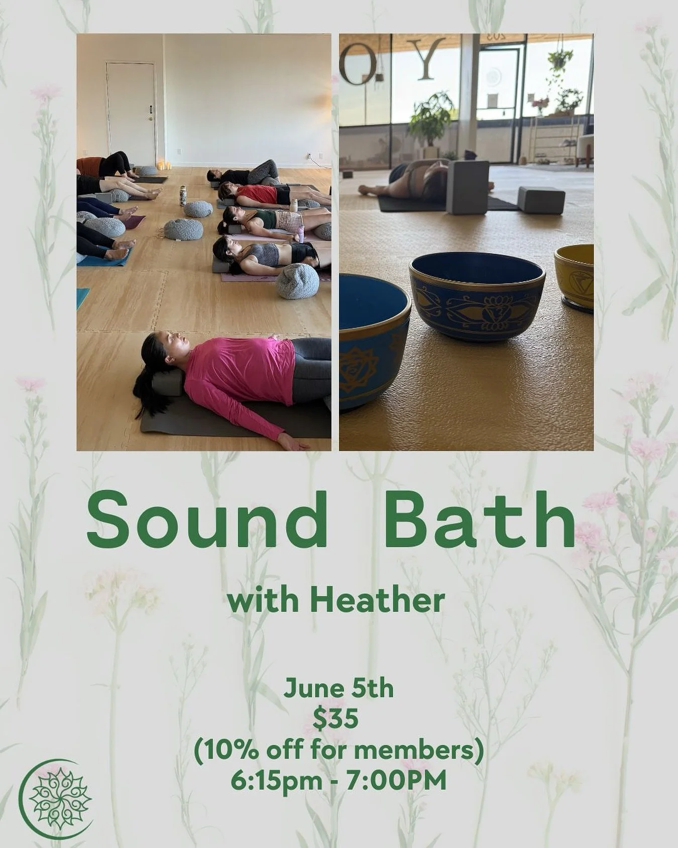 Another sound bath coming your way! Join Heather on Friday, June 5th at 6:15pm to be surrounded by relaxation and calm! 😌

Need a little extra relaxation and calm? Join Mika at 5:00pm for Yin first, then stay for the sound bath after! 🤍

Link in Bi