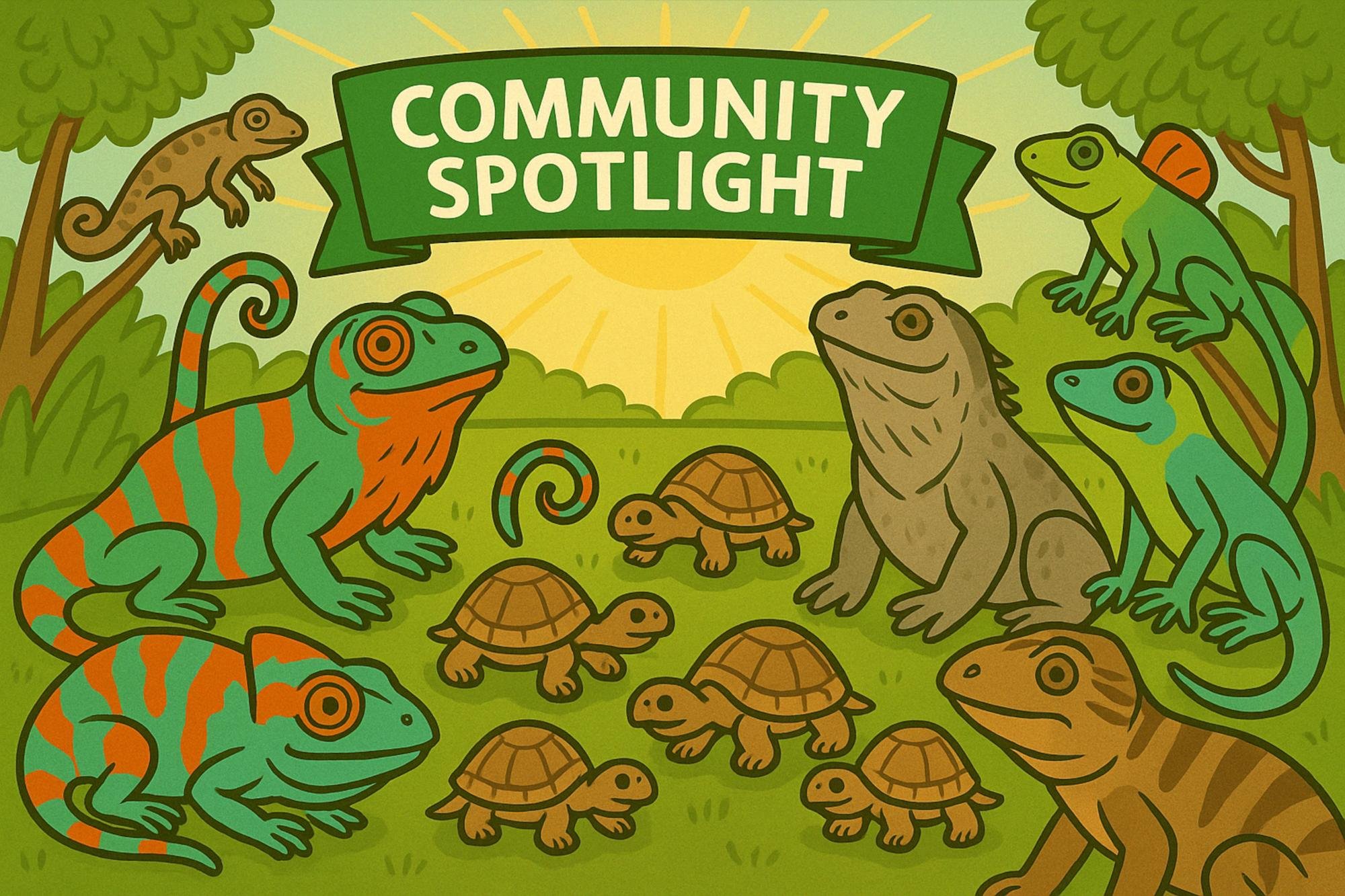 Illustration of reptiles and turtles under a banner reading "Community Spotlight"