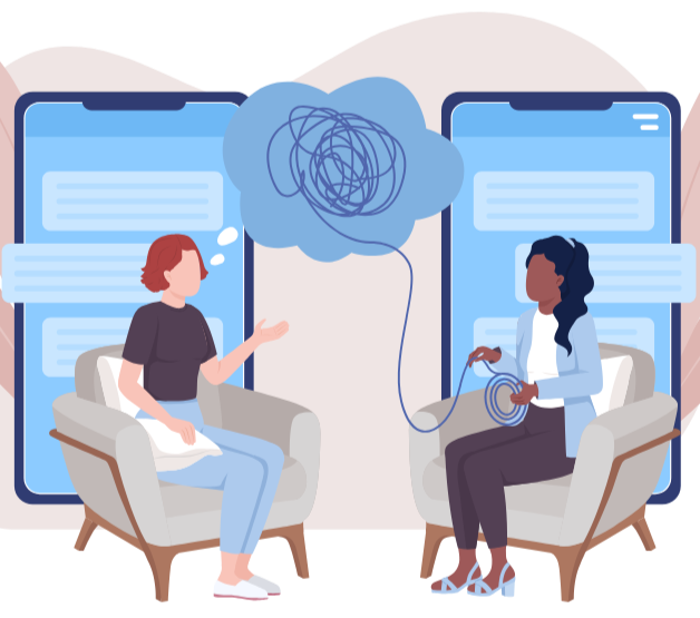 Two women are having a therapy session via video chat. They are seated on chairs, talking, with large smartphones in the background and a cloud with scribbles representing tangled thoughts hanging above.