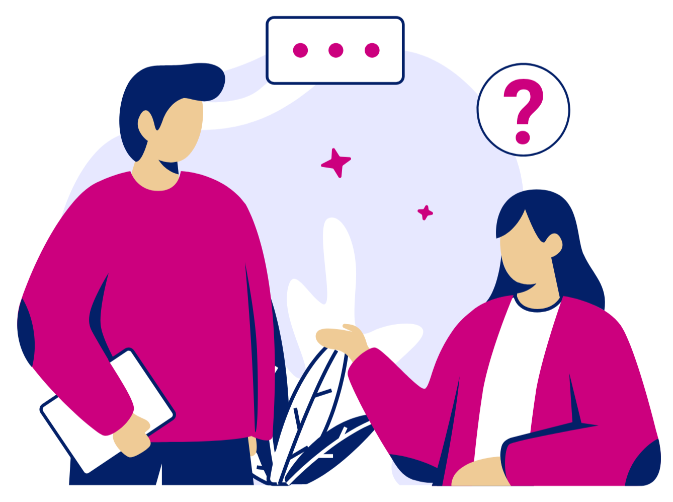 Two people engaged in conversation, one holding a folder, with speech bubbles, one with three dots and the other with a question mark, standing next to a plant.