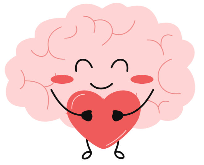 A cute illustration of a brain with a smiling face, holding a heart in its hands, conveying love or happiness.