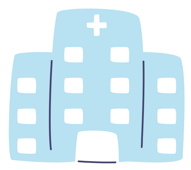 Illustration of a hospital building with a cross on top and multiple windows.
