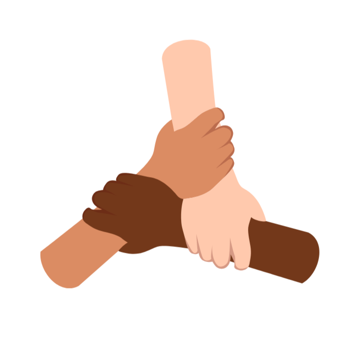 Illustration of three hands from different individuals clasped together in a handshake over a desk with a laptop.