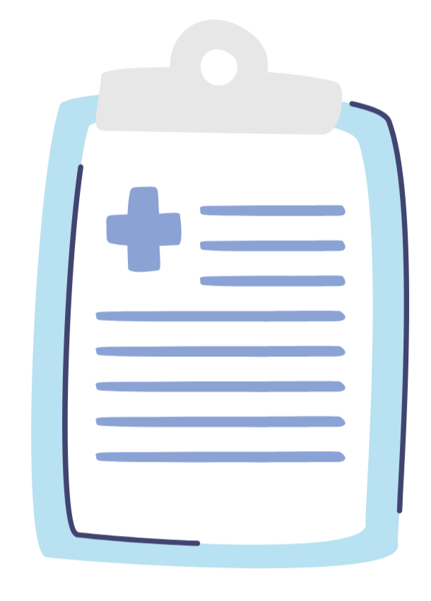 Illustration of a clipboard with a medical cross symbol at the top and lines representing text.