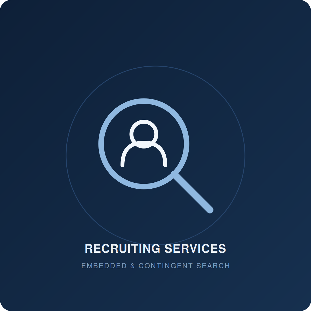 Icon of a person within a magnifying glass, representing recruiting services, with the text 'Recruiting Services' and 'Embedded & Contingent Search' below.