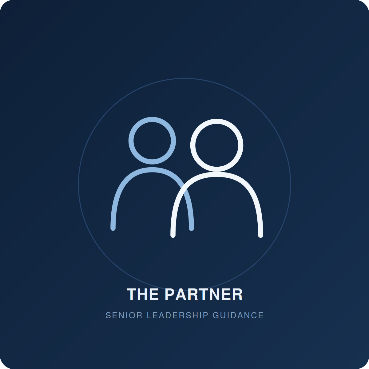 A digital graphic with two outlined figures, one slightly behind the other, representing a partnership. The background is dark blue with diagonal lines. The text below reads "The Partner" and "Senior Leadership Guidance."