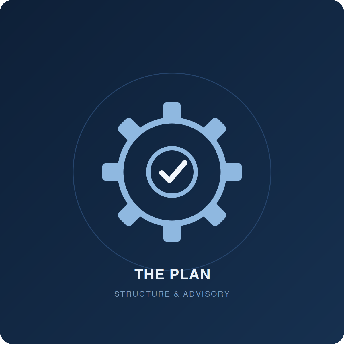 A graphic with a blue background featuring a gear icon with a checkmark inside, labeled "The Plan" with the subtitle "Structure & Advisory."