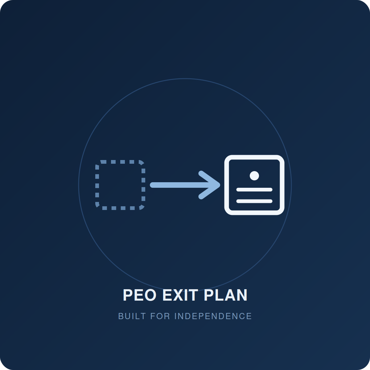 Graphic showing a flow from a dotted square to a solid square with a document icon, labeled 'PEO Exit Plan Built for Independence'