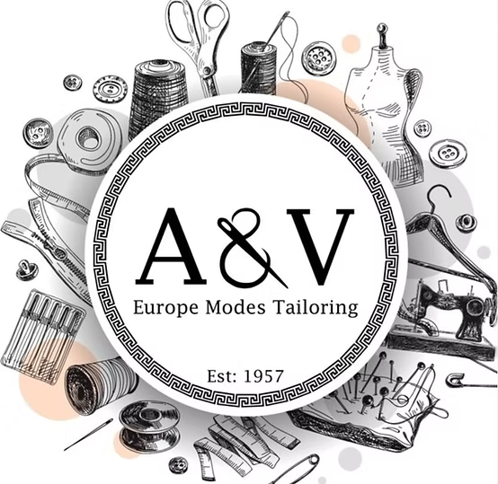 Logo for A&V Europe Modes Tailoring, established in 1957, surrounded by illustrations of sewing tools like scissors, threads, needles, and sewing machines.