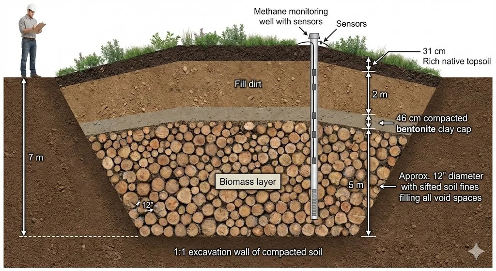 A diagram of a terrestrial storage of biomass (TSB) cell. This is used for carbon dioxide removal (CDR) under the Puro.Earth protocols.