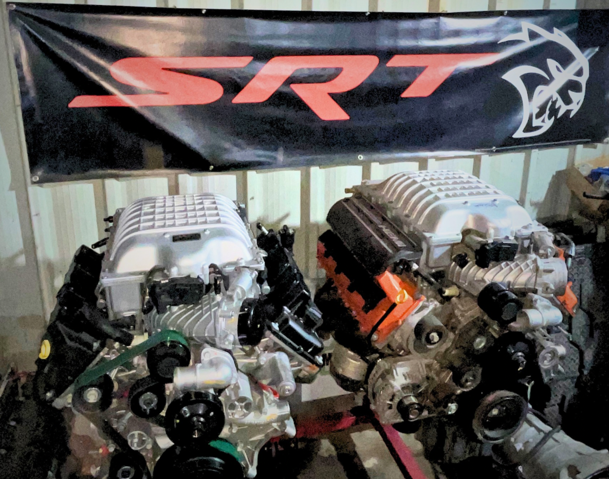 Two high-performance car engines under an SRT banner with a Hellcat logo.