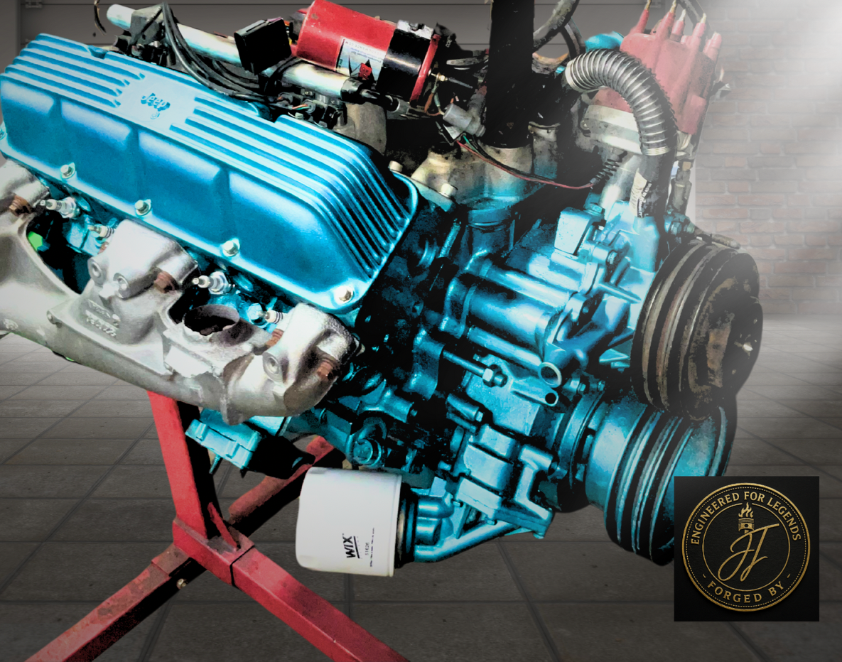Blue automotive engine on a red stand with a branded logo in the bottom right corner.