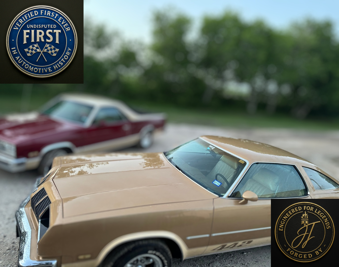 Two vintage cars, one tan and one maroon with beige accents, parked outdoors; logos for 'Verified First Ever in Automotive History' and 'Engineered for Legends Forged By JF' are overlaid.