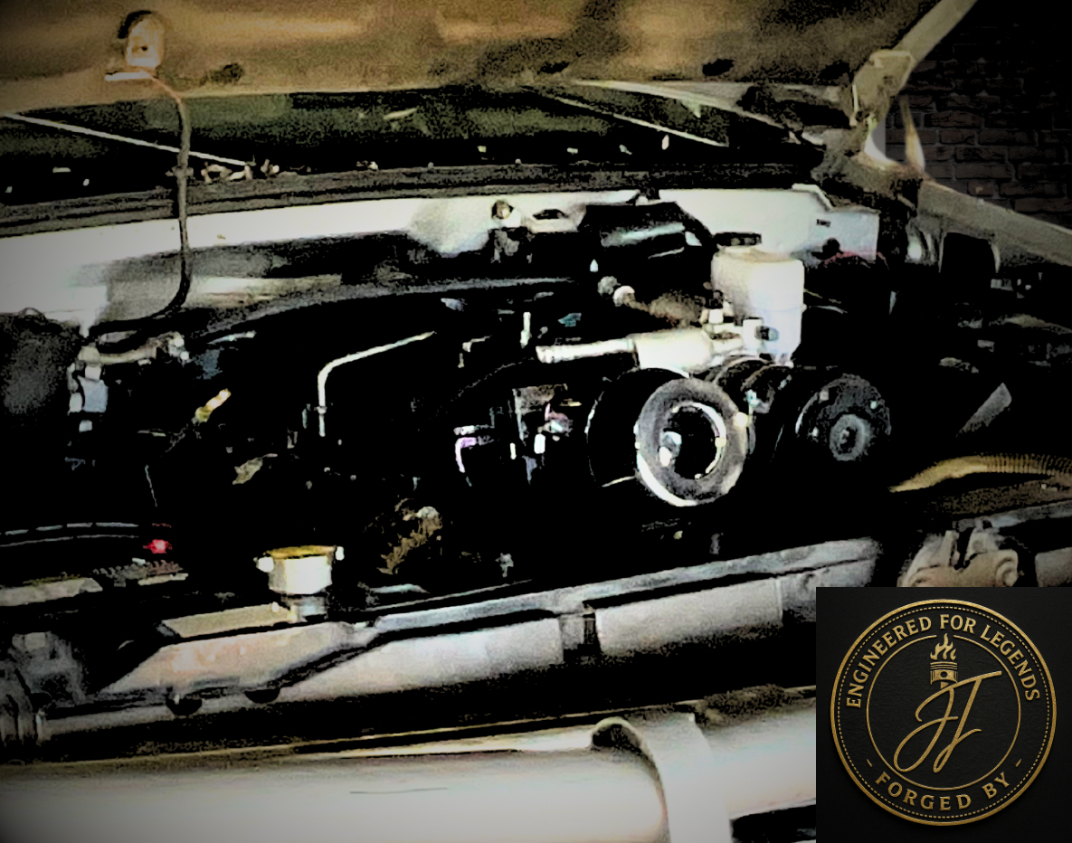 Engine compartment with visible components under an open hood, and a logo with text "Engineered for Legends, Forged By" on the bottom right corner.
