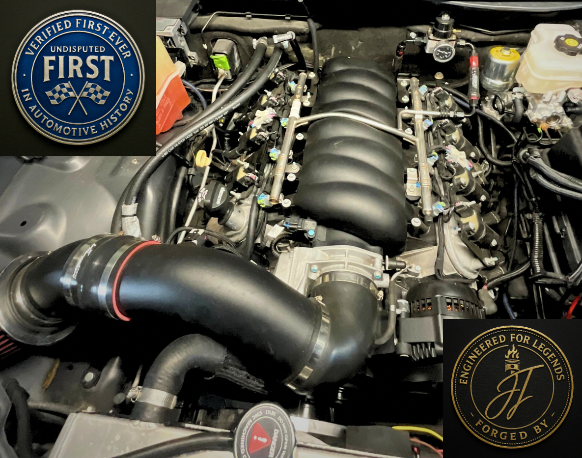 A car engine with intake hose and various components, accompanied by two badges, one labeled 'Verified First Ever In Automotive History' and another 'Engineered for Legends, Forged By JJ.'
